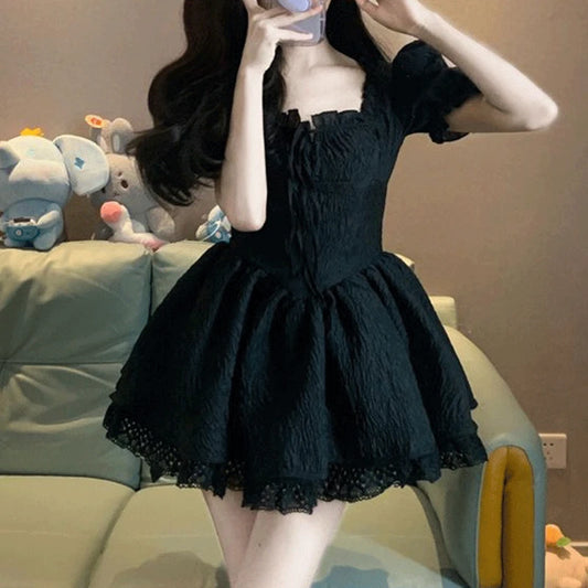 2023 Summer New Fashion Casual All-match Temperament Solid Color Women's Clothing High Waist Thin Puff Sleeve Ball Gown Dress