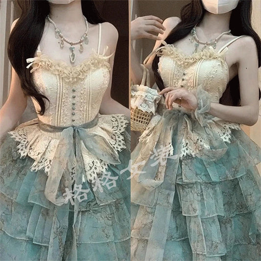 2024 New Summer Lolita Kawaii Harajuku Sweet Women's Clothing Decorations Irregular Splicing Elegant Fashion Sleeveless Dress